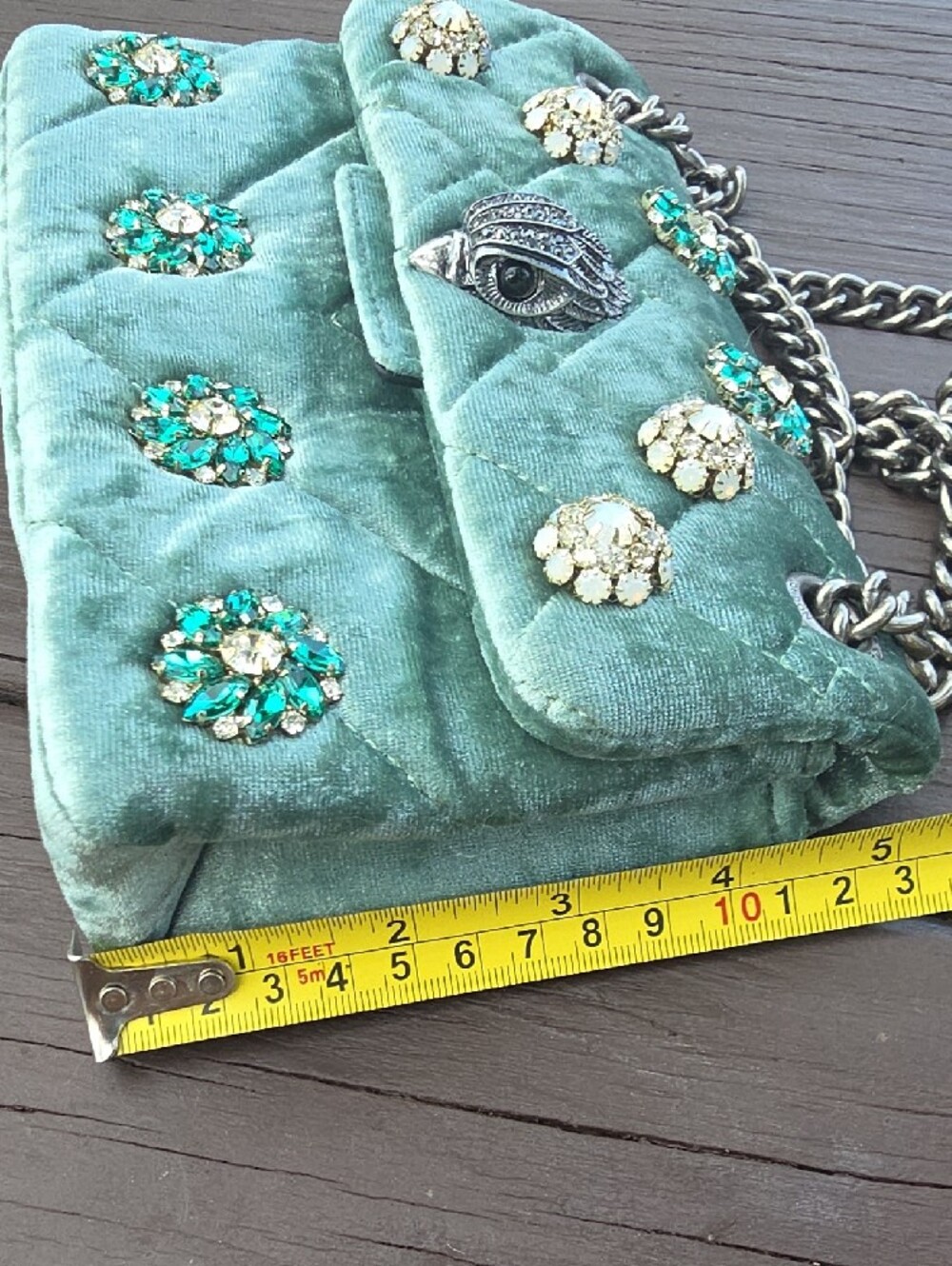 Kurt Geiger Embellished Quilted Green Velvet Shoulder Bag - Picture 12 of 16